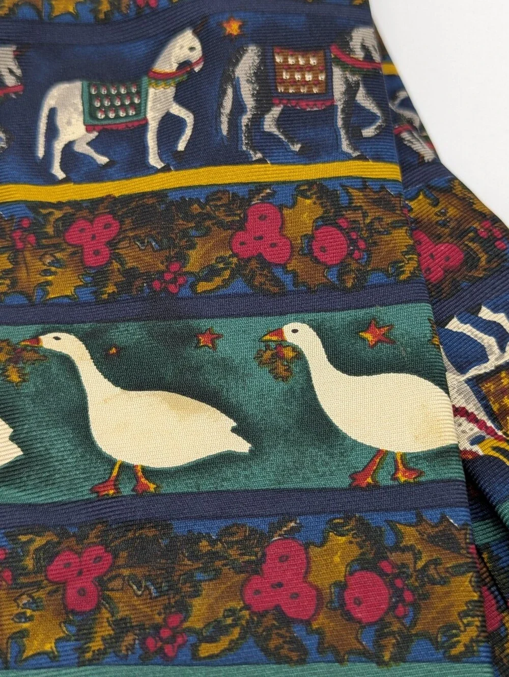 Paul Frederick Blue Green Red Goose Horse Whimsical Novelty Italian Silk Tie